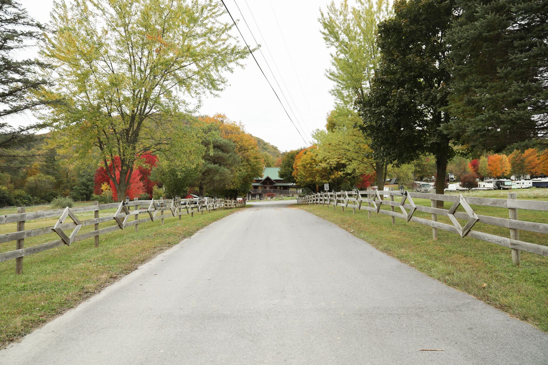 A road with a wooden fence and trees on both sides
