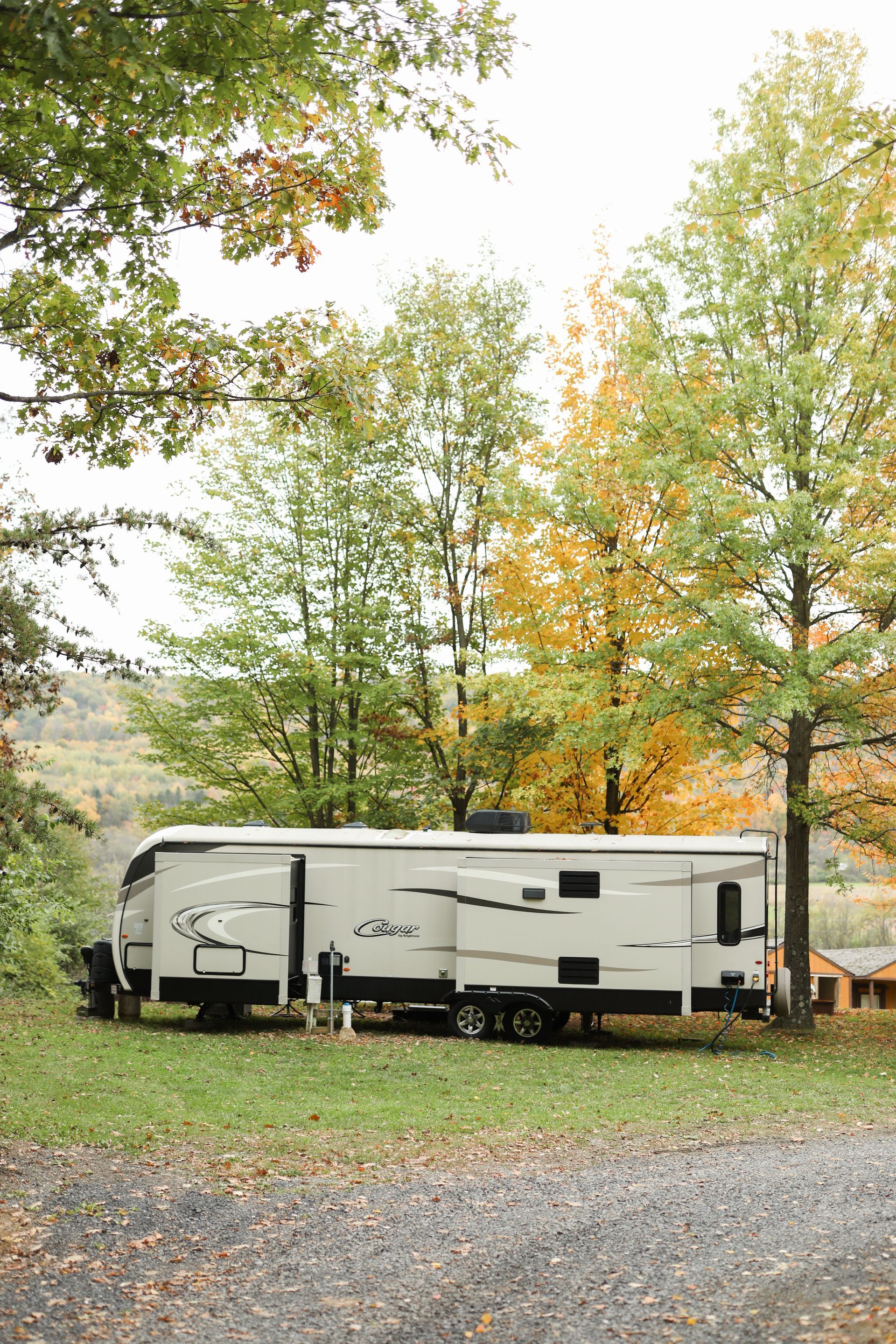 A rv is parked in a grassy area next to trees.