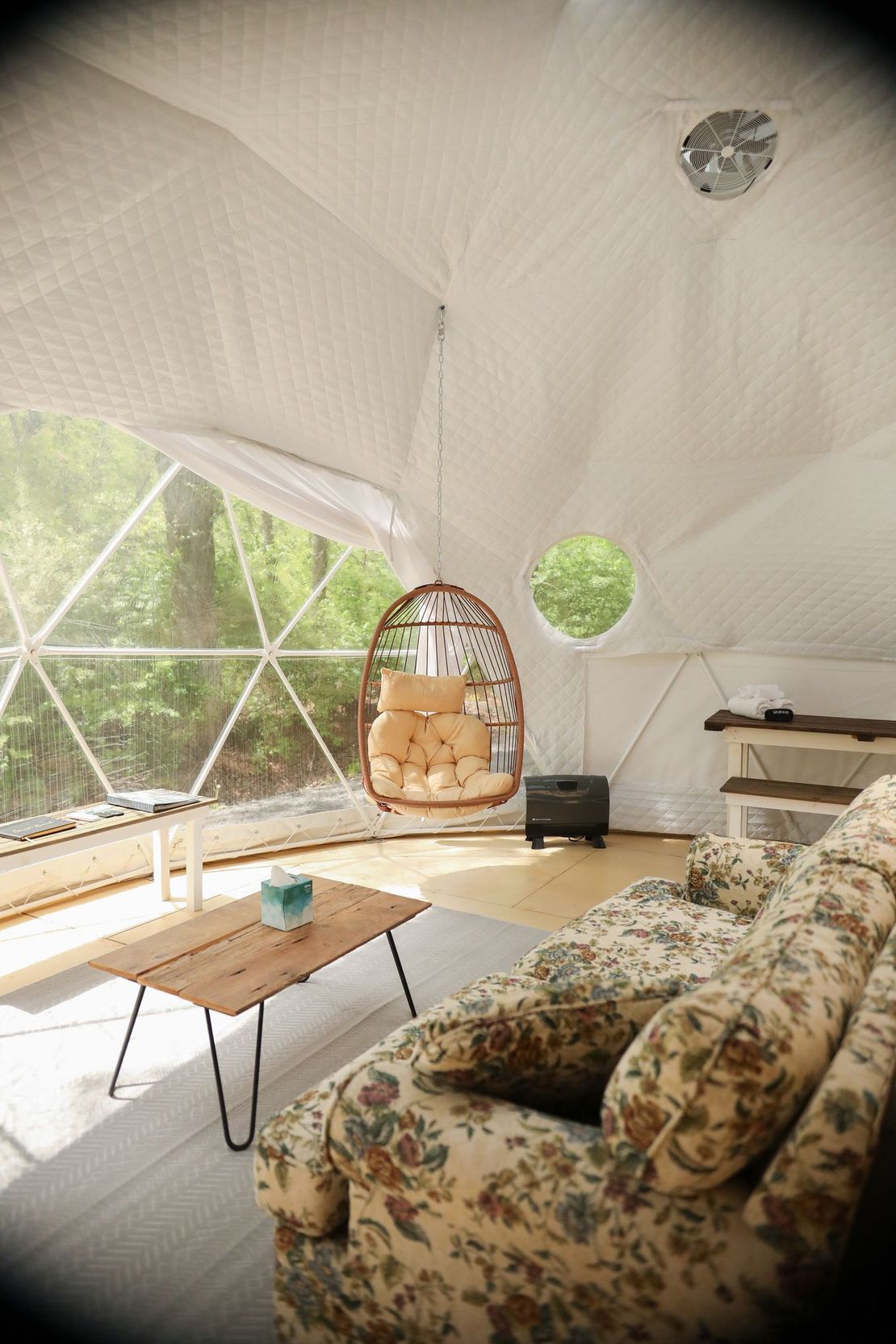 A living room with a couch , chair , table and a hanging chair.