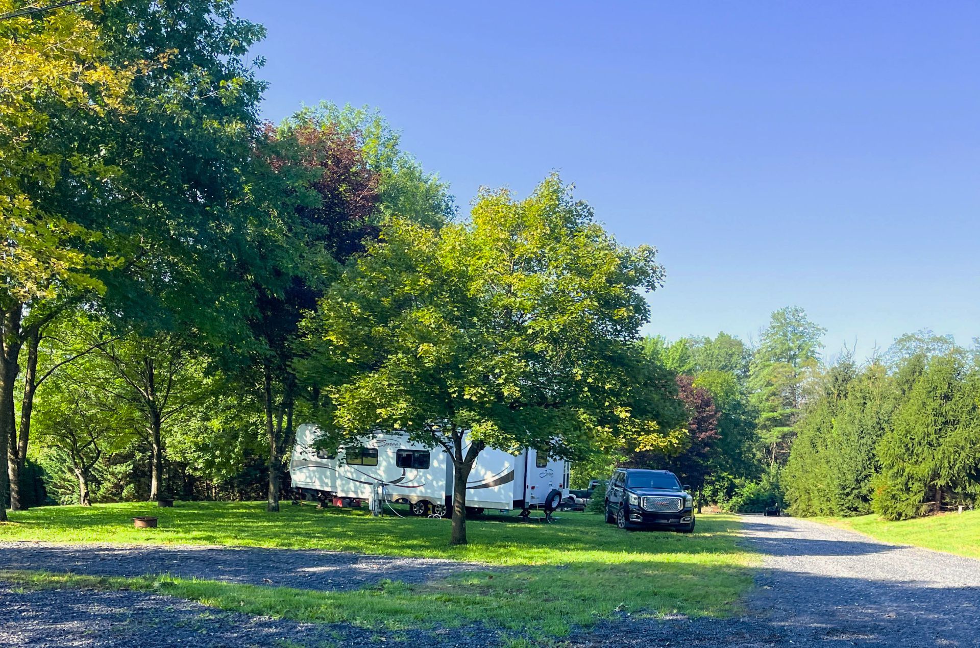 A rv is parked in a grassy area surrounded by trees.