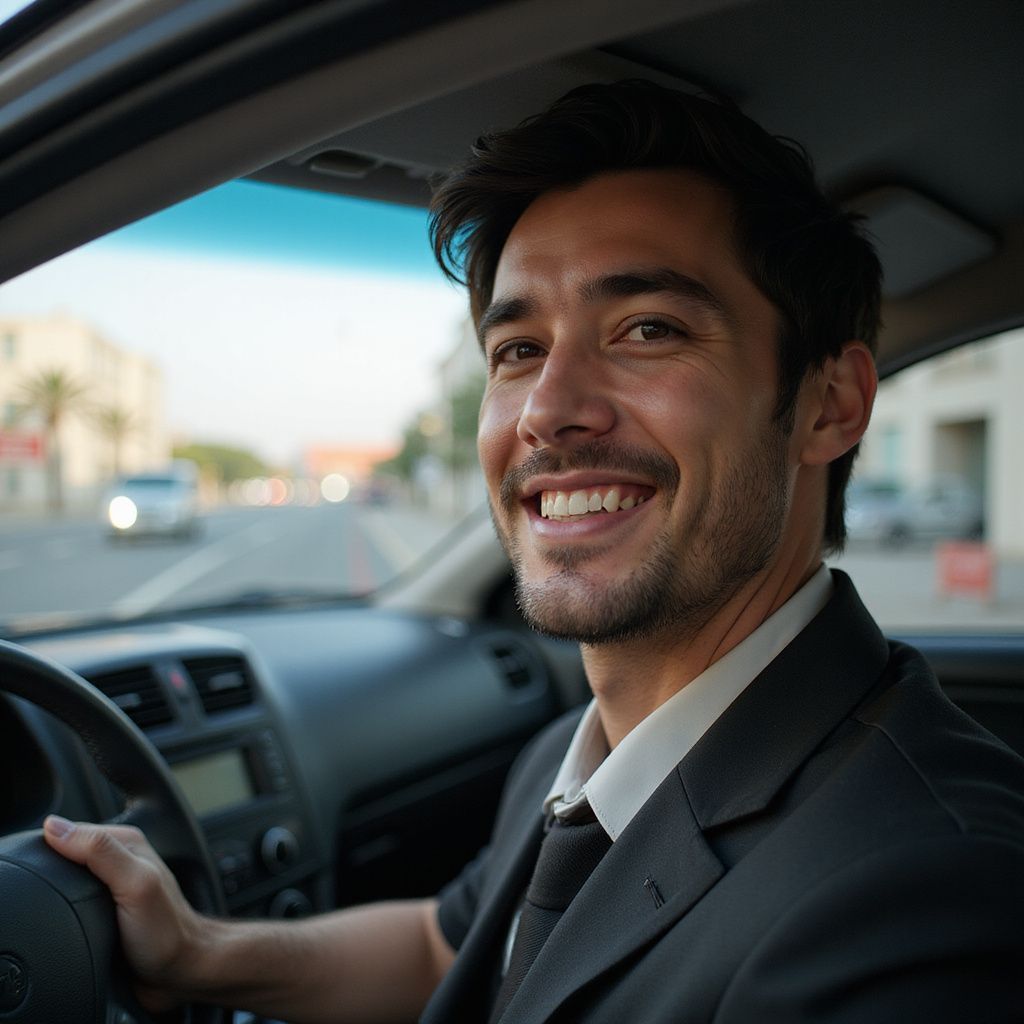 Man in suit smiles while driving a car. Bright sunlight.