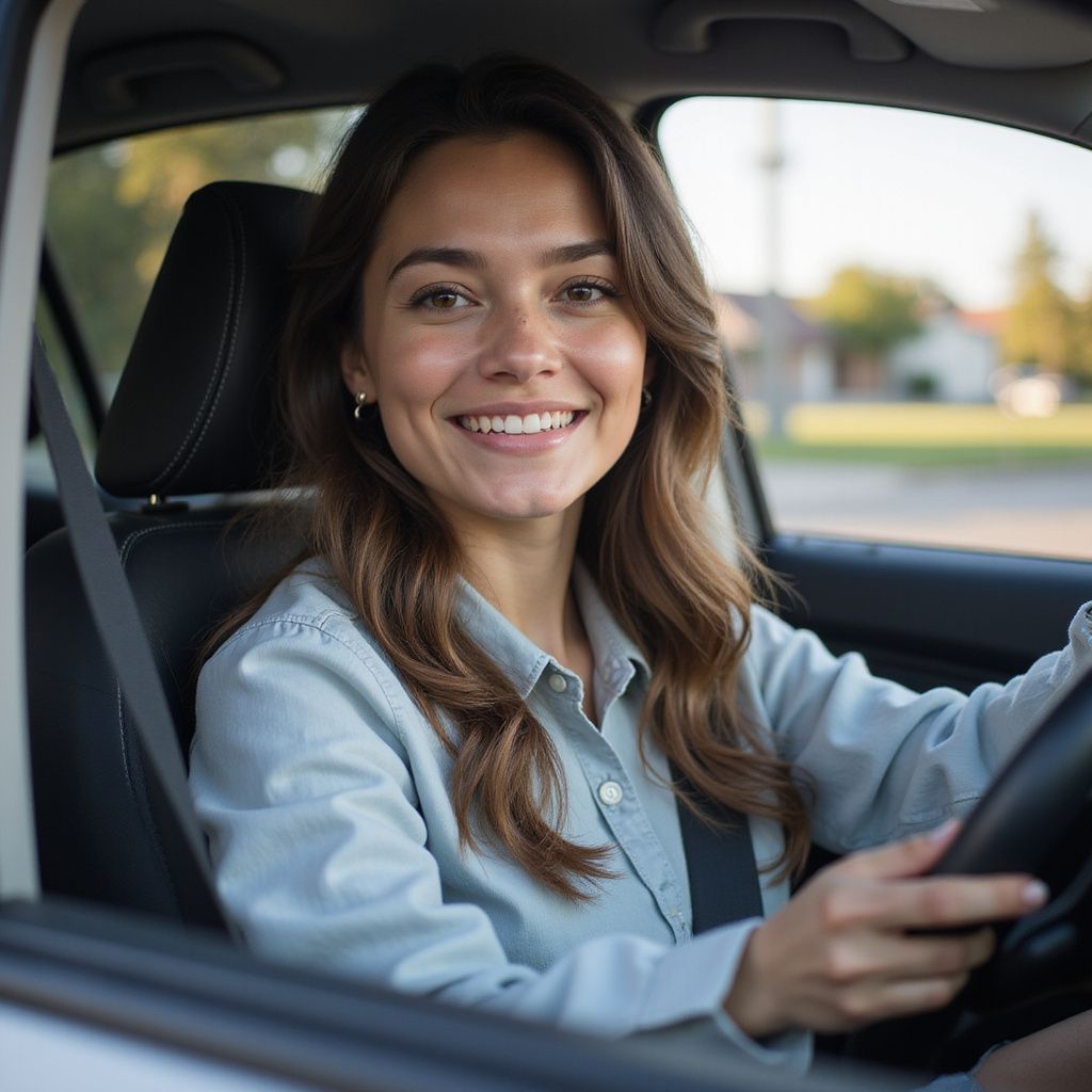 Woman smiling, driving a car, wearing a seatbelt.