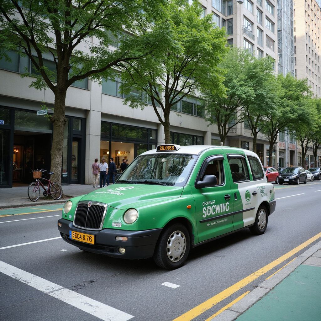 Green and white taxi cab driving on a city street. Buildings and trees in the background.