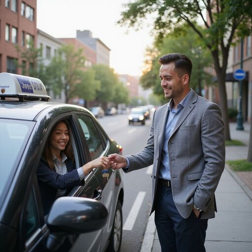 Man fist-bumps woman in taxi; street scene with buildings and a taxi sign.