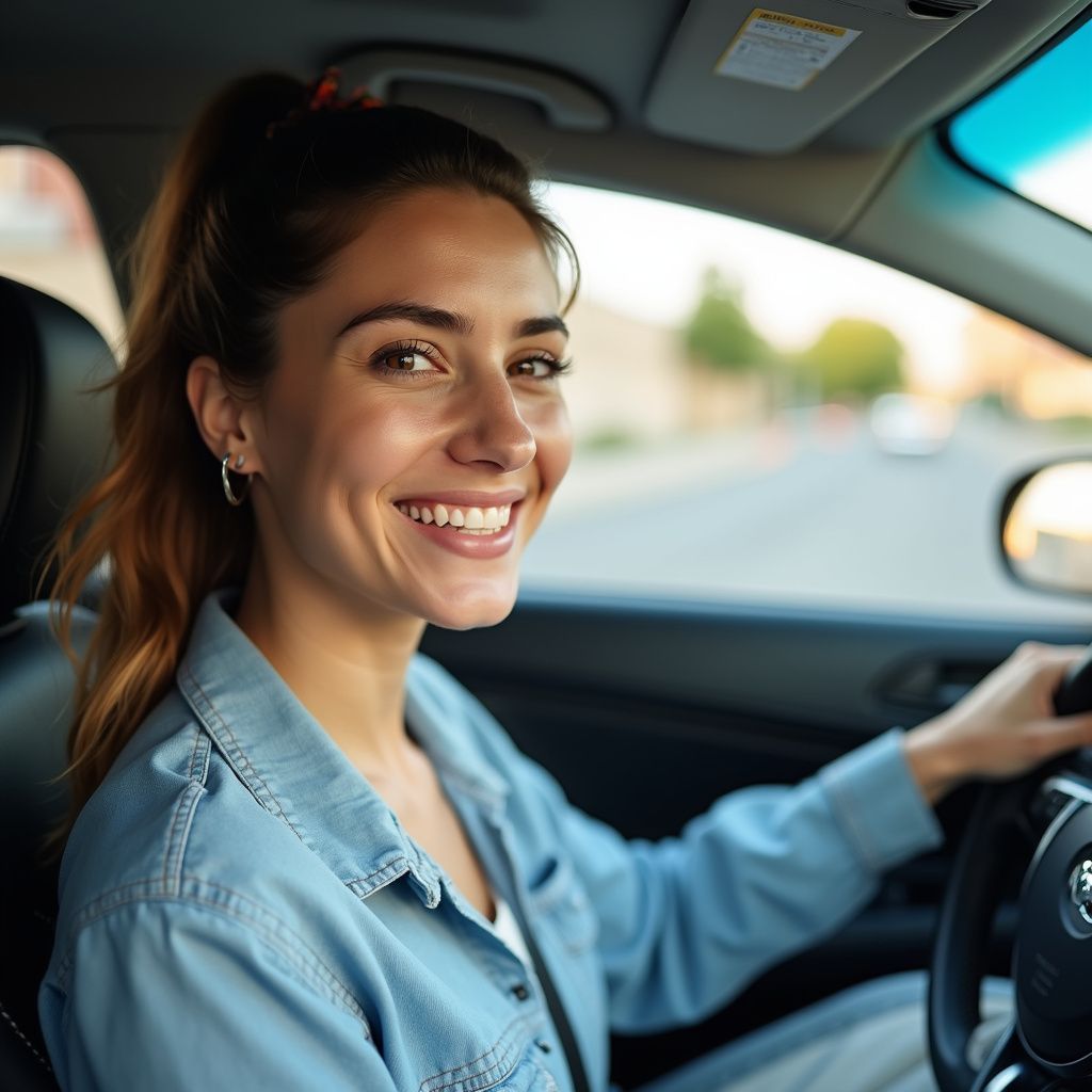 Woman smiling while driving a car, wearing a blue shirt, looking at the camera.
