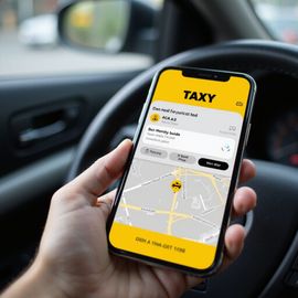 A hand holding a phone displaying a taxi app with a map and search bar, set in a car.