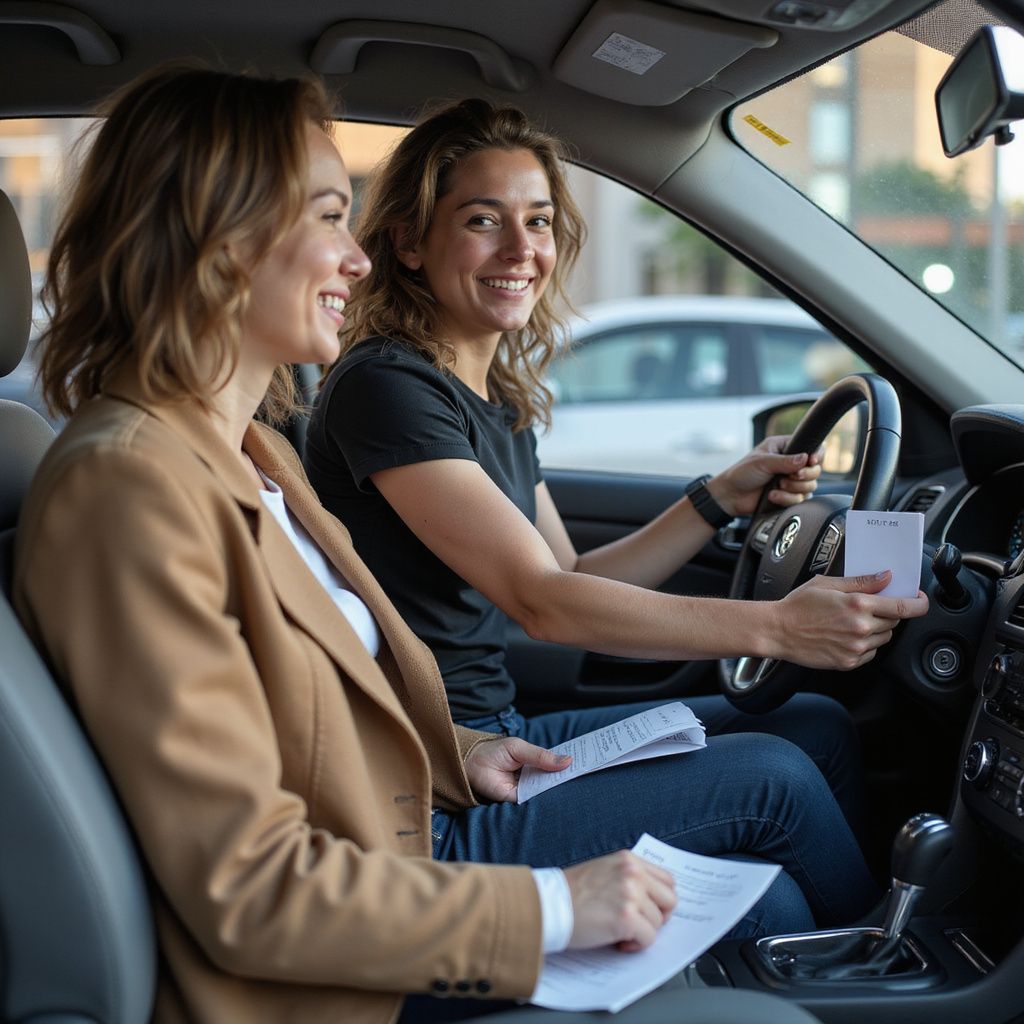 Two women in car, smiling. One holds driver's license. Sunny day, city setting.
