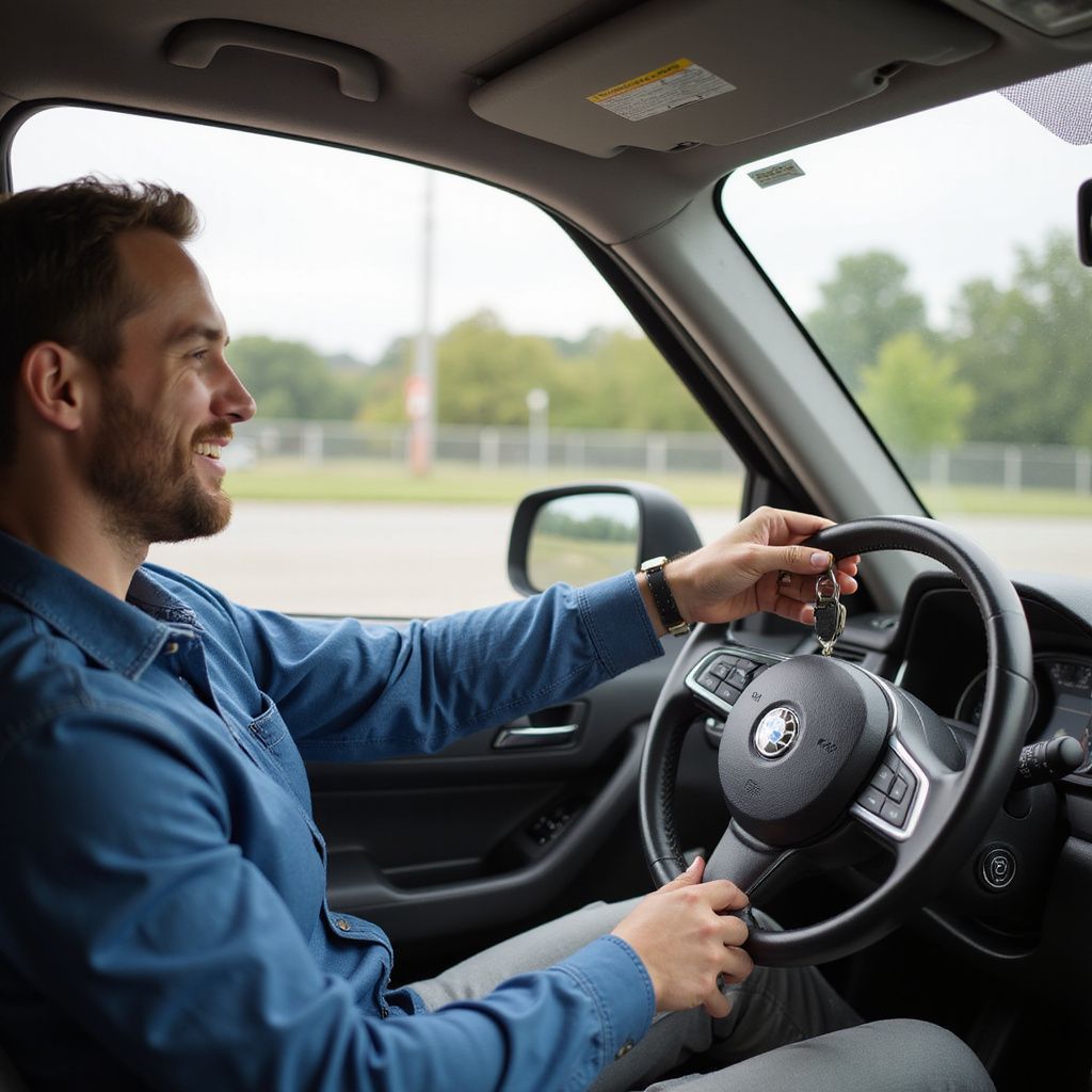 Man smiling while driving a car, holding the steering wheel. Day time, outdoor setting.