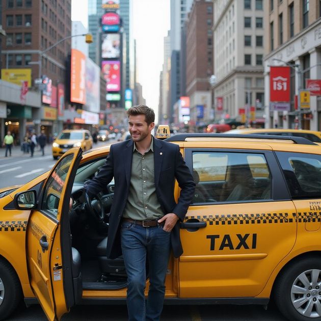 Man exiting a yellow taxi on a city street. He wears a navy jacket, green shirt, and jeans, smiling.