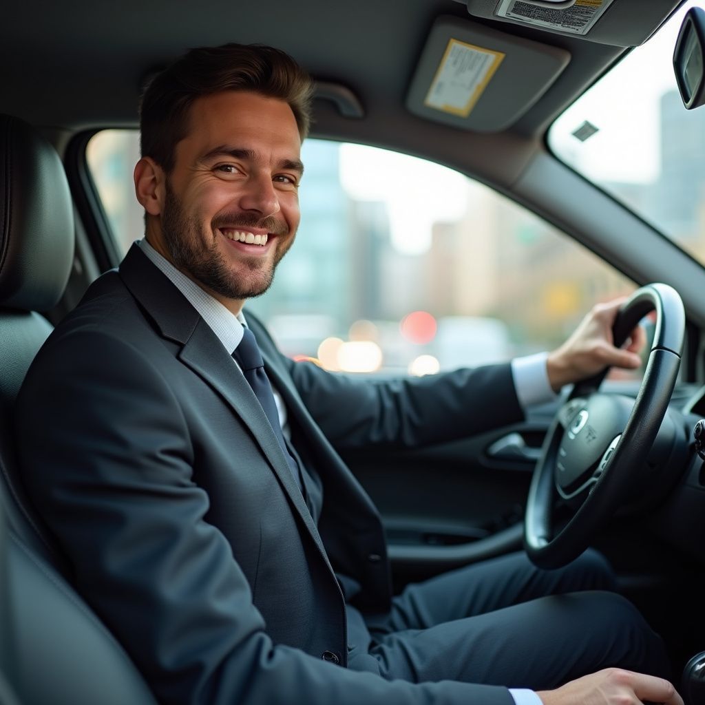 Man in suit smiles while driving a car; city background.