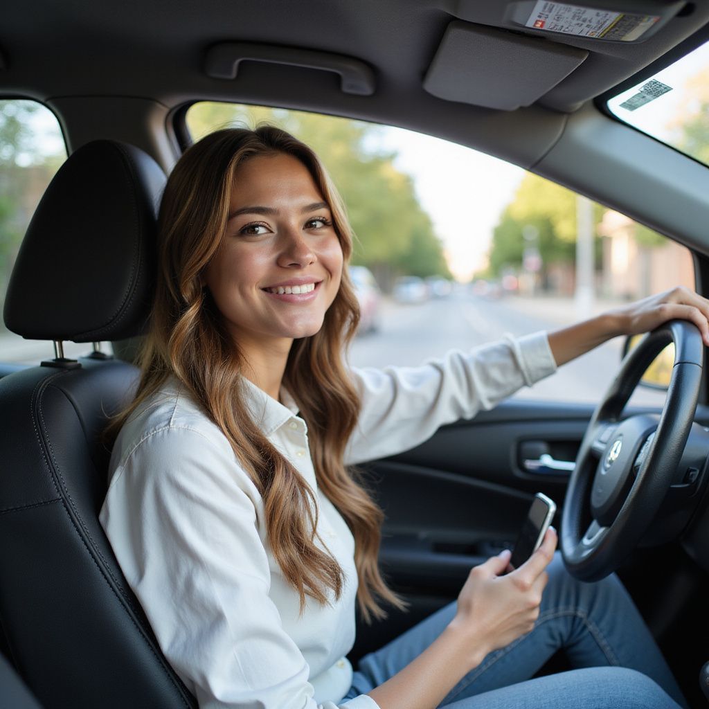 Woman smiling, holding a phone, driving a car, sunny outdoors.