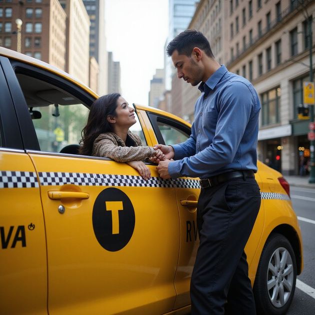 Woman in taxi window gazes at man holding her hands. Yellow taxi on city street; sunlight.