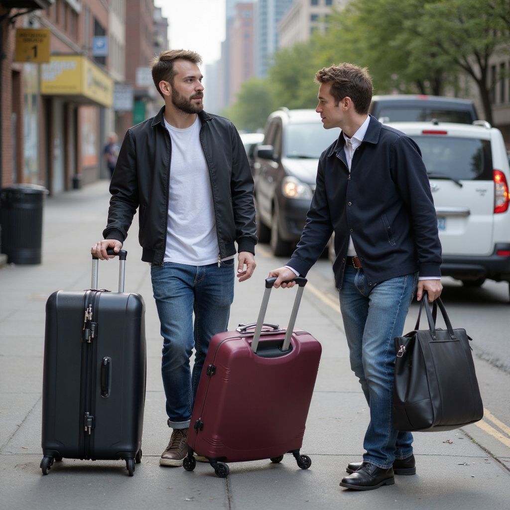 Two men walking with luggage on a city street, one looking at the other.