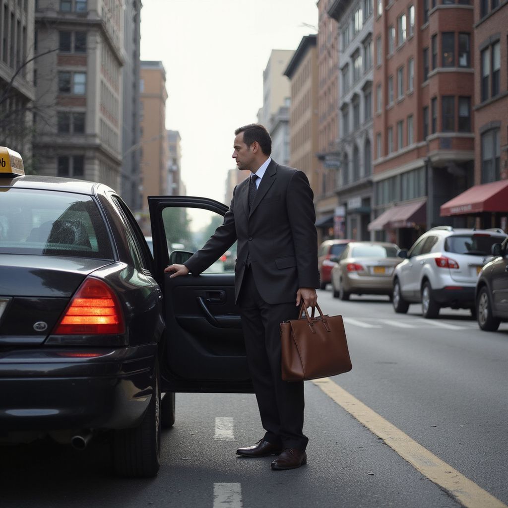 Man in a suit exiting a taxi on a city street, holding a briefcase.