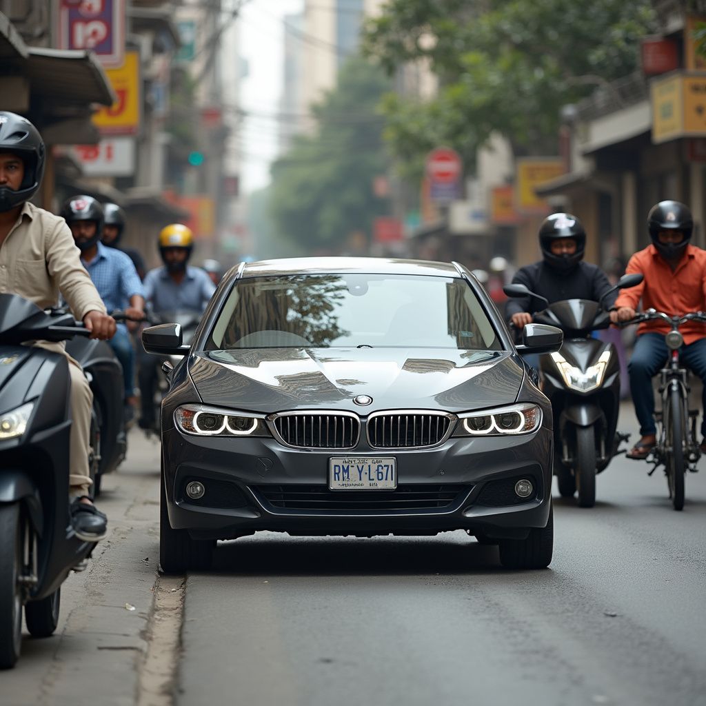 A dark gray BMW sedan drives on a crowded street, surrounded by motorcycles and buildings.