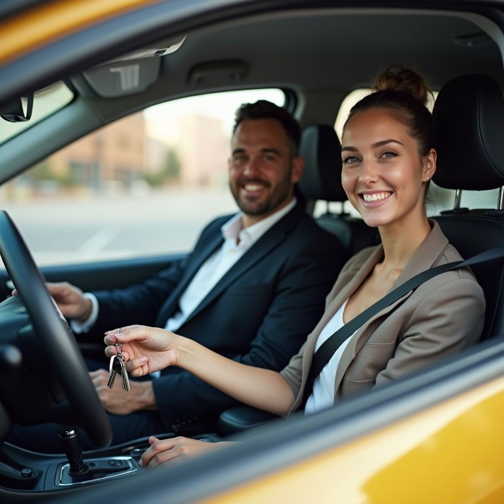 Man handing car keys to smiling woman in a yellow car.