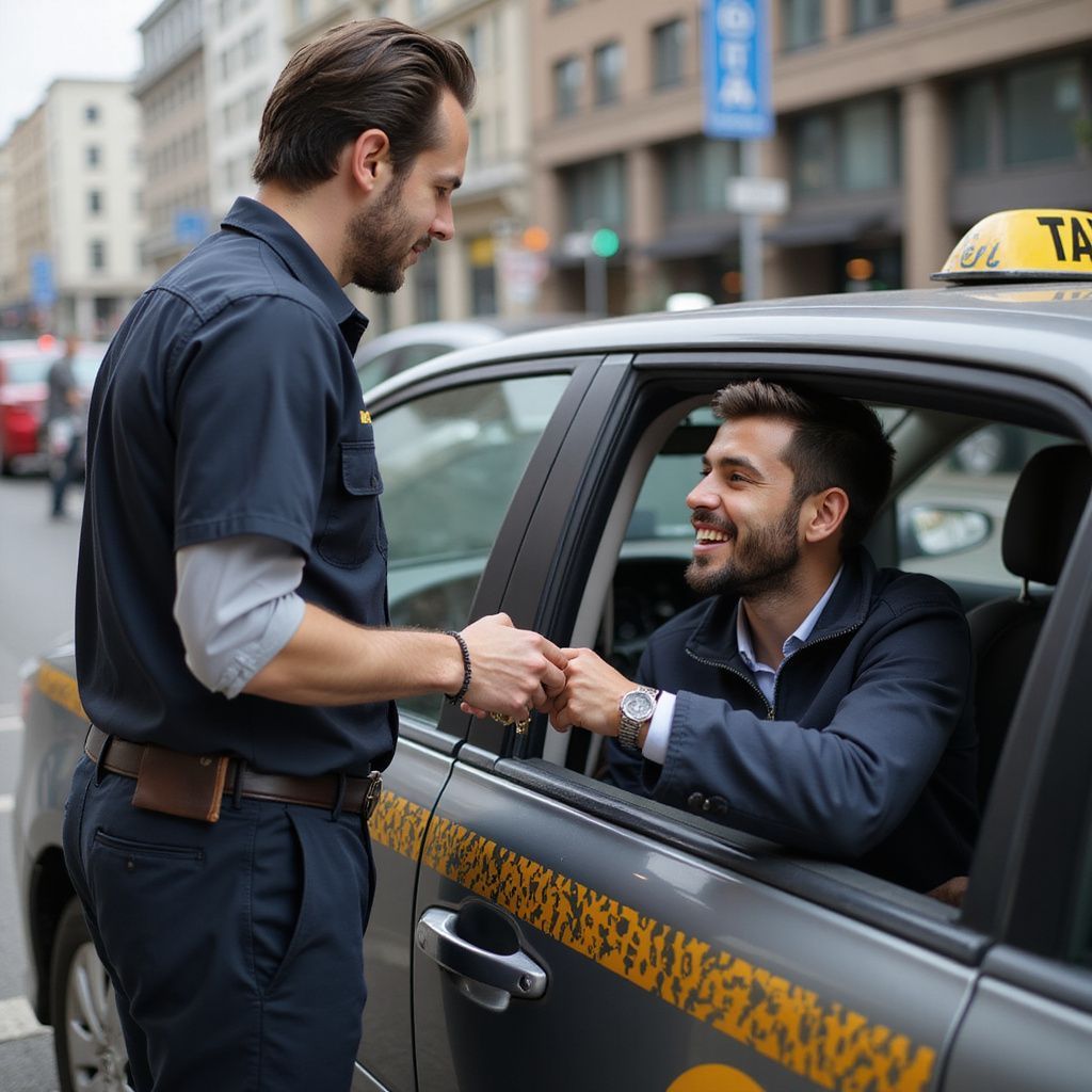 Man in taxi hands money to a taxi driver on a city street.