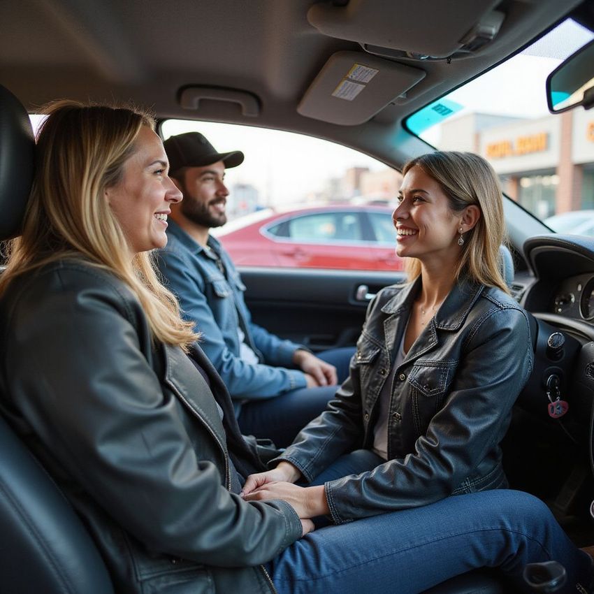 Three people in a car, two women and a man, smiling and holding hands. Daytime, parked.