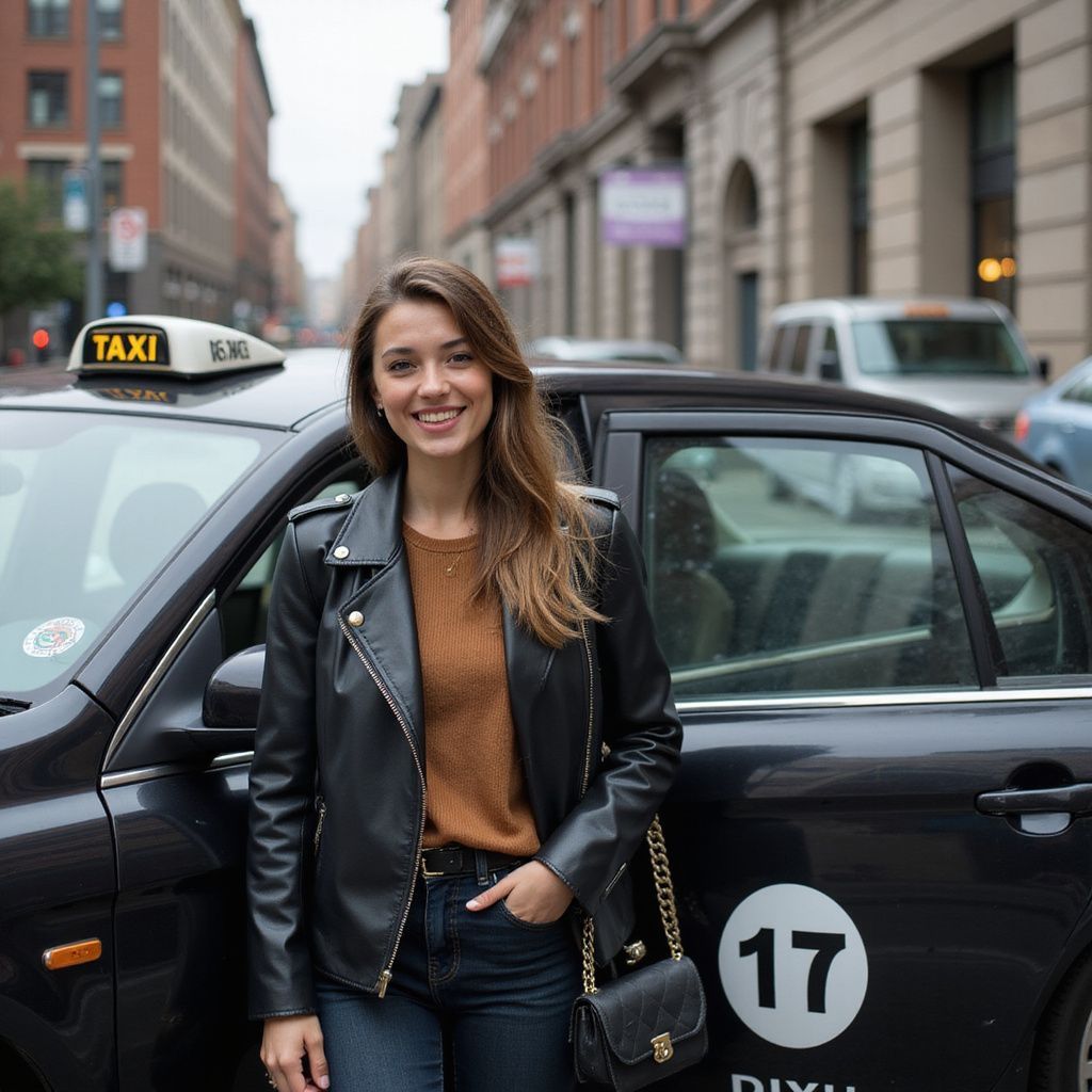 Woman in leather jacket smiles beside a black taxi on a city street.