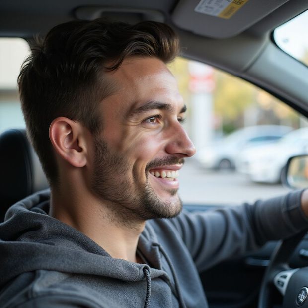 Man smiling while driving a car. Wearing a grey hoodie, bright daylight.