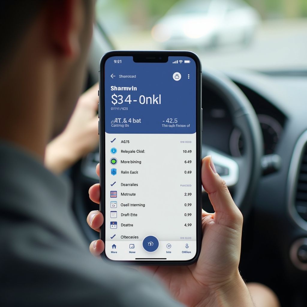 Person holding a phone while driving, displaying a financial app interface.