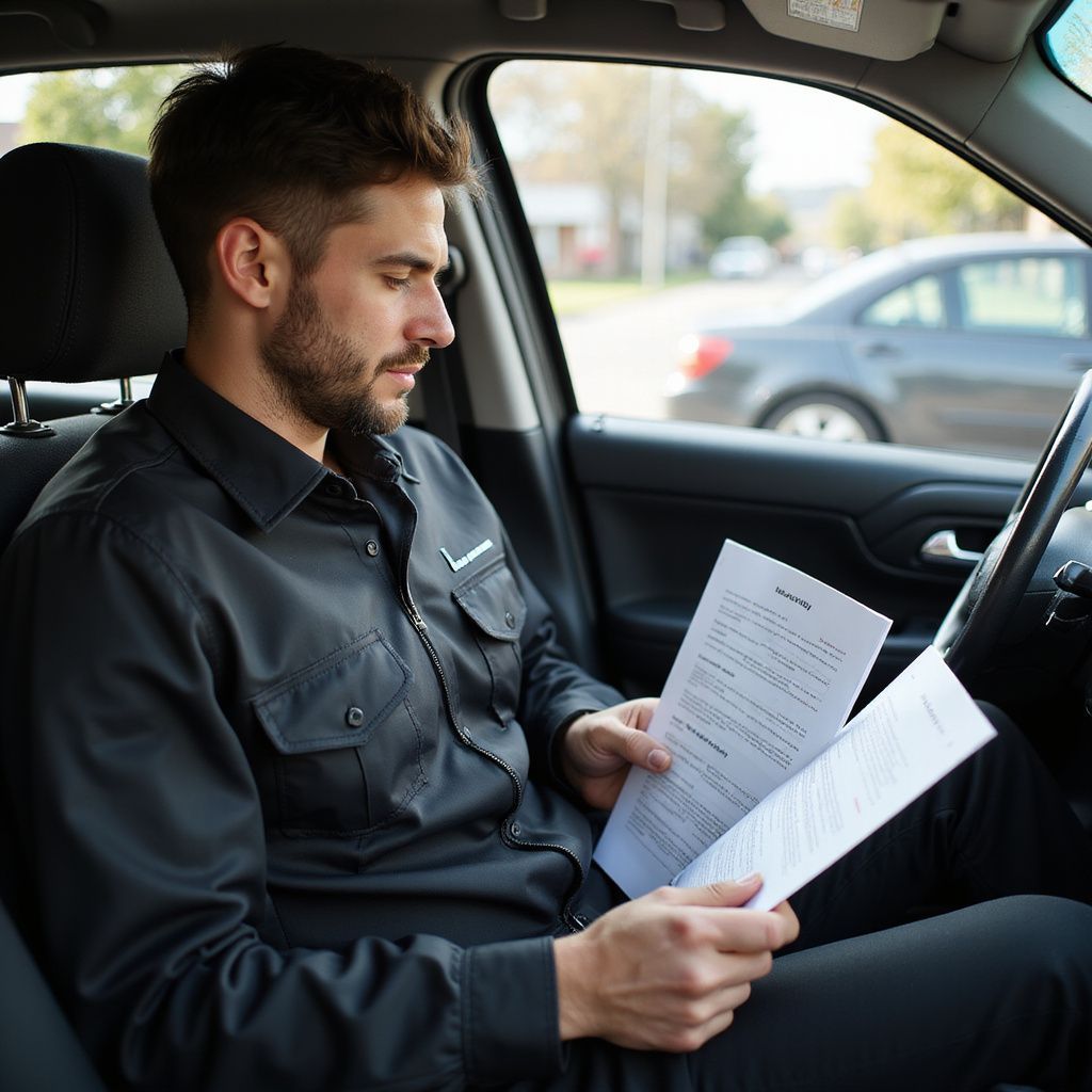 Man in car reading documents.