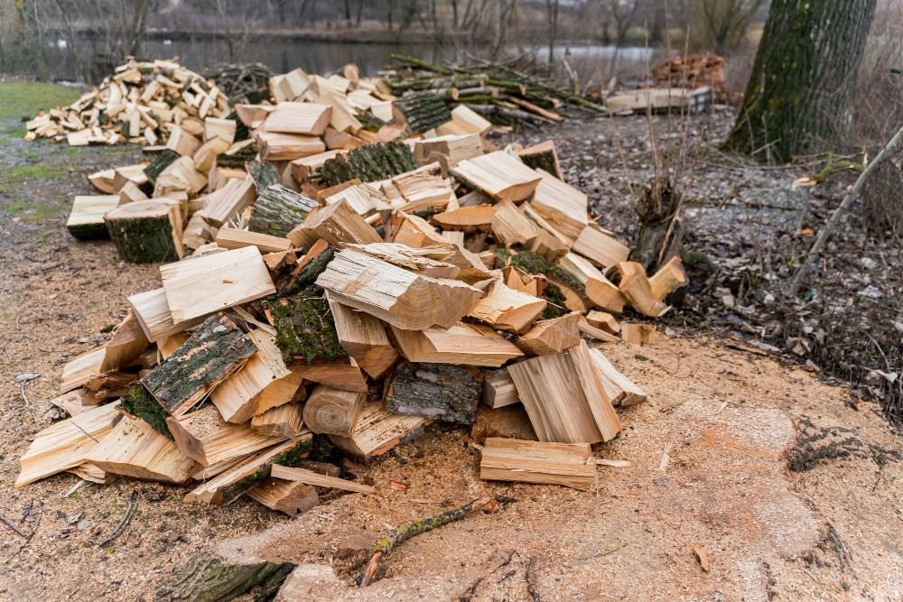 A pile of wood is sitting on the ground next to a tree.
