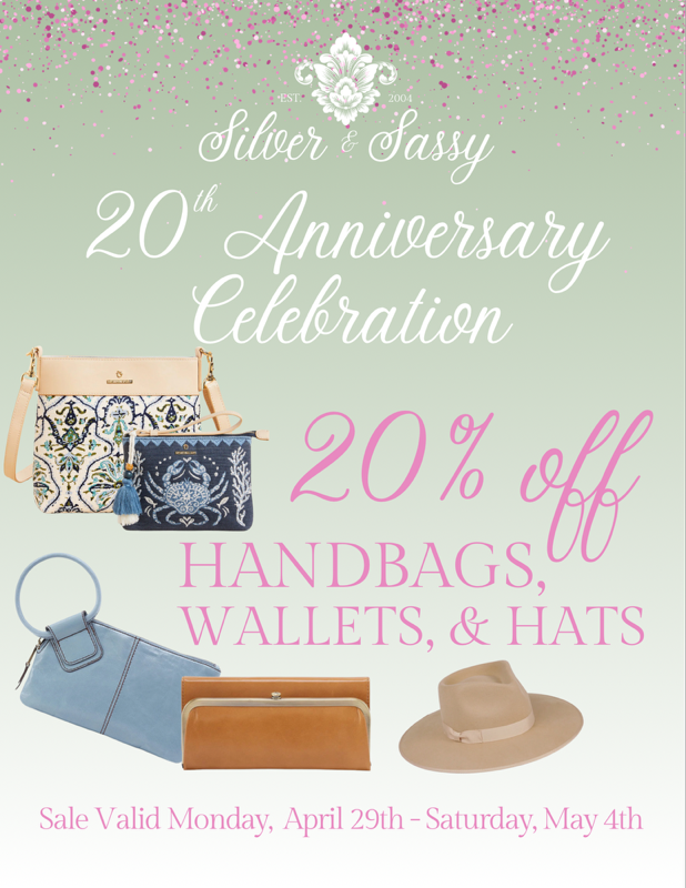 A poster for a 20th anniversary celebration with 20 % off handbags , wallets , and hats. | North East, MD | Silver & Sassy