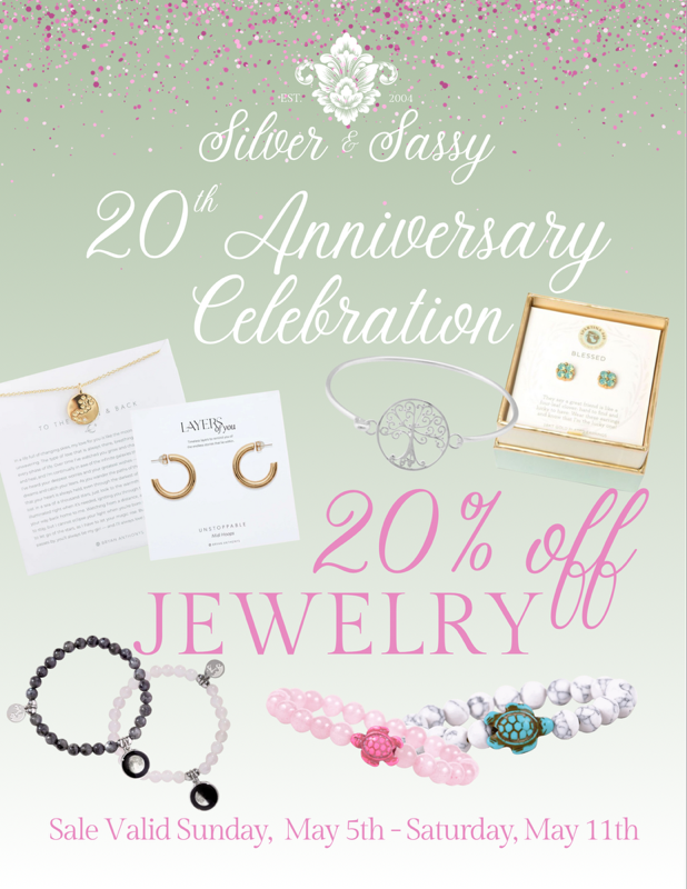 A poster for a 20th anniversary celebration with 20 % off jewelry.| North East, MD | Silver & Sassy
