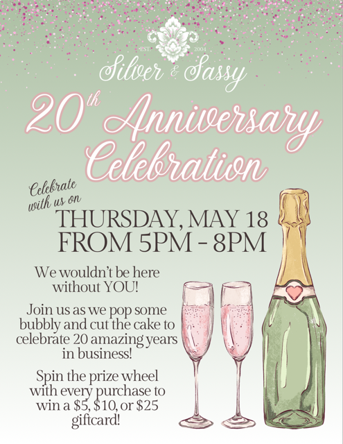 A flyer for a 20th anniversary celebration | North East, MD | Silver & Sassy