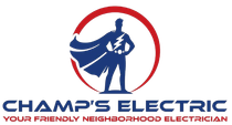 Superhero electrician logo: Blue silhouette inside red circle, cape, lightning bolt, "Champ's Electric".