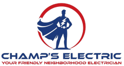 Superhero electrician logo: Blue silhouette inside red circle, cape, lightning bolt, "Champ's Electric".