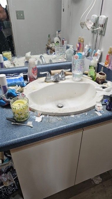 A bathroom counter with a sink , mirror , toothbrushes , soap , and other items.