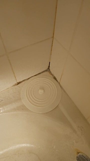 A bathtub with a rubber stopper in the corner of it.