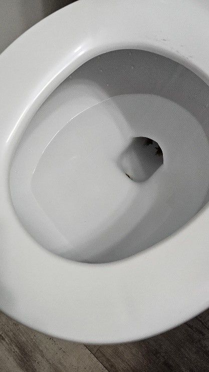 A white toilet is sitting on a wooden floor in a bathroom.