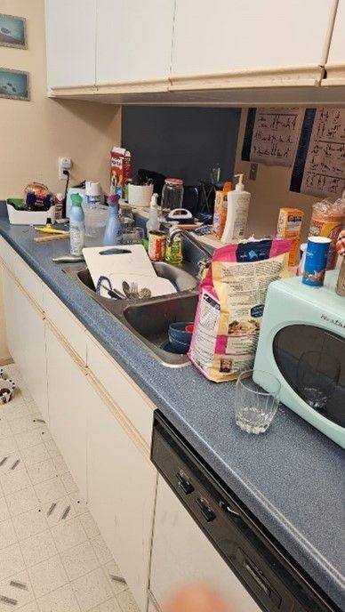 A kitchen counter with a sink and a microwave