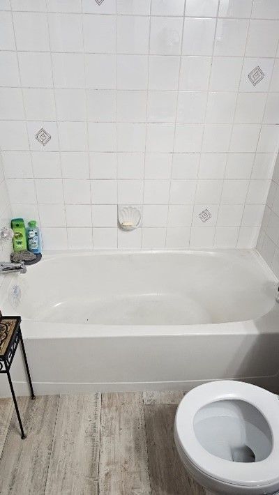 A bathroom with a toilet , bathtub and shower.