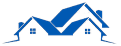 A blue silhouette of a house with two roofs on a white background.
