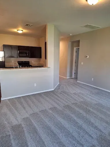 Interior view of a home showing a carpeted living area and a kitchen with dark cabinets.