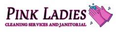 Logo for Pink Ladies Cleaning Services and Janitorial, pink gloves and bubbles.