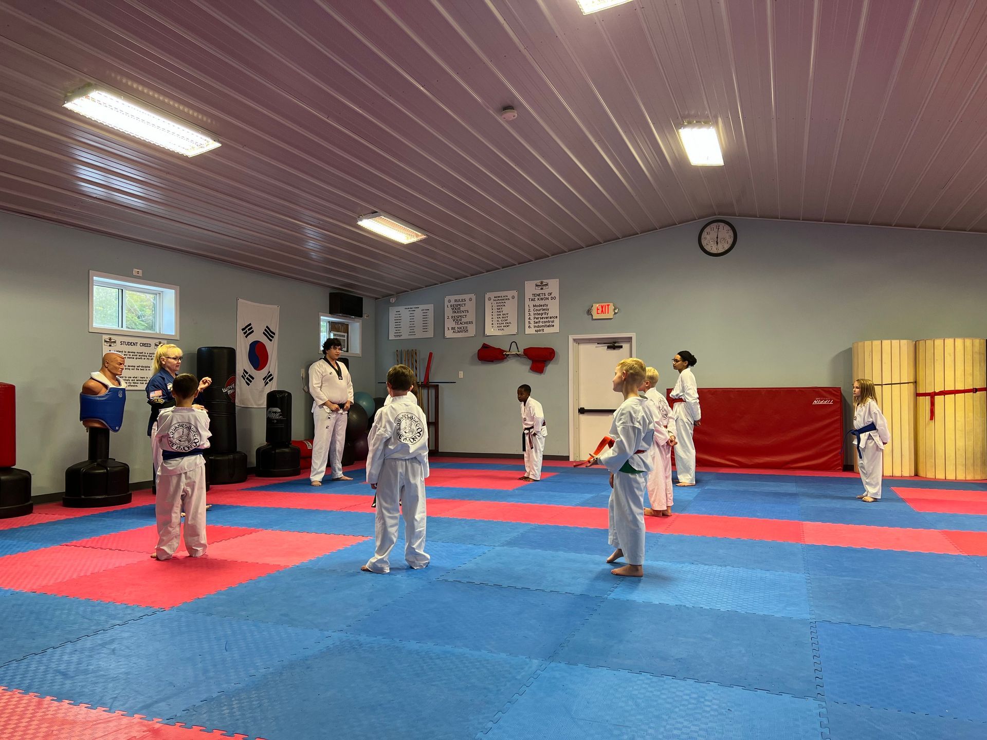 A group of children are practicing martial arts in a gym.
