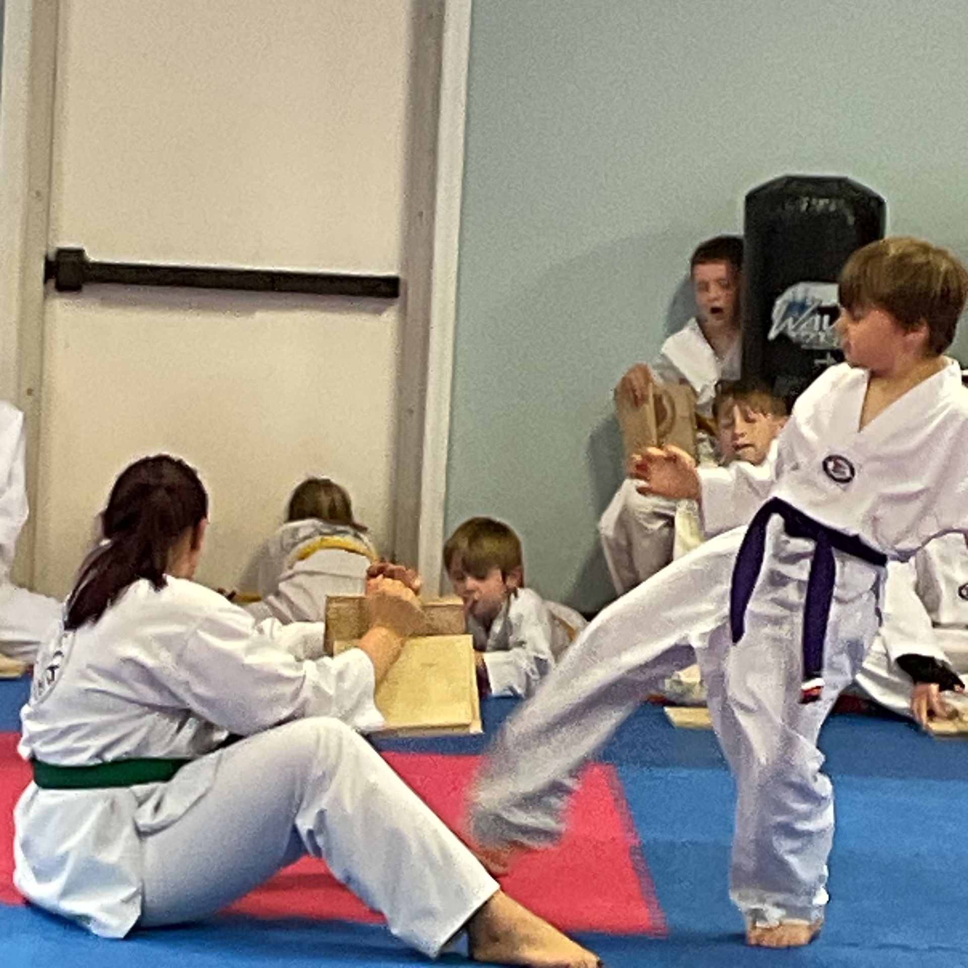 A group of kids are practicing martial arts in a gym
