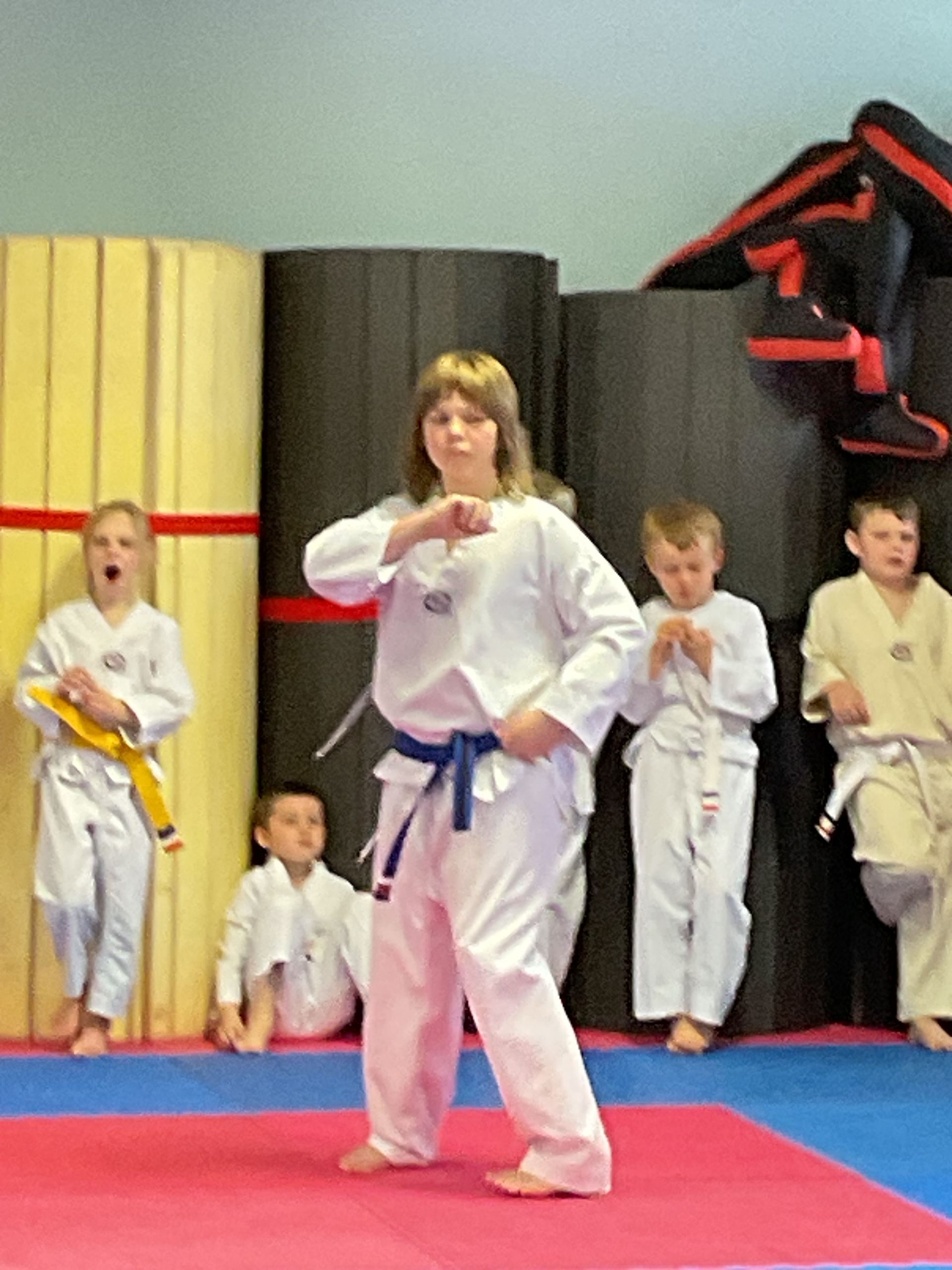 A group of children are practicing martial arts in a gym.
