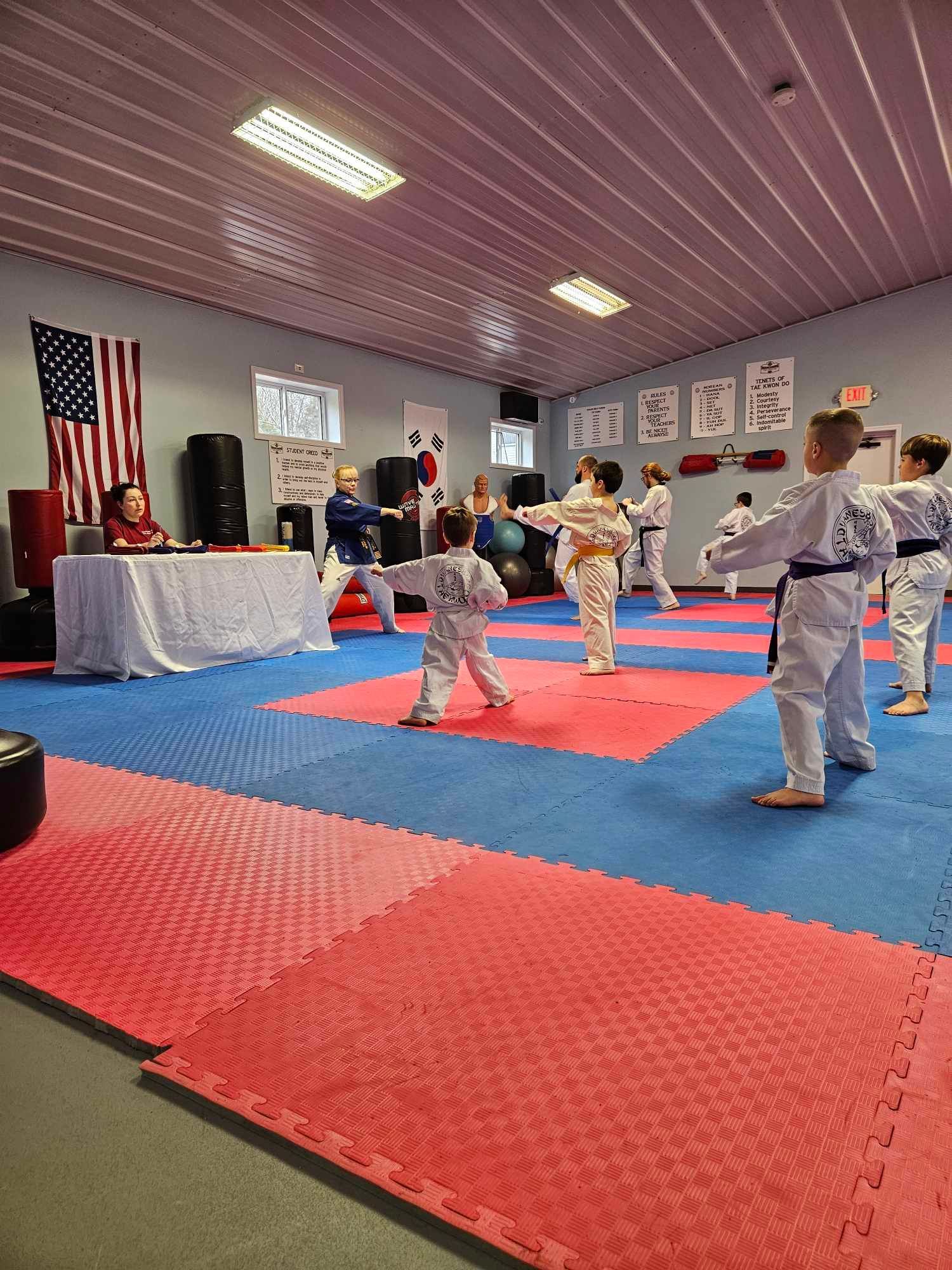 A group of children are practicing martial arts in a gym.