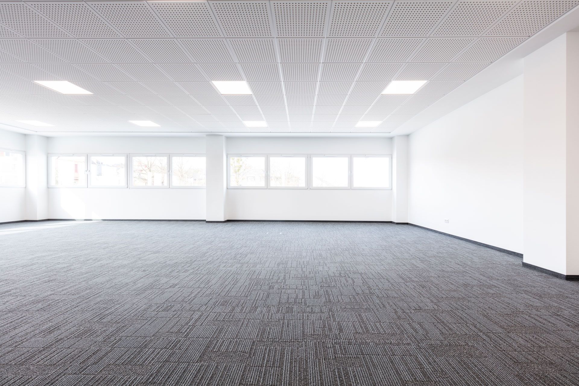 Empty, modern office space with white walls, patterned gray carpet, and a decorative ceiling.