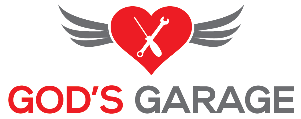 The logo for god 's garage shows a heart with wings and a wrench.