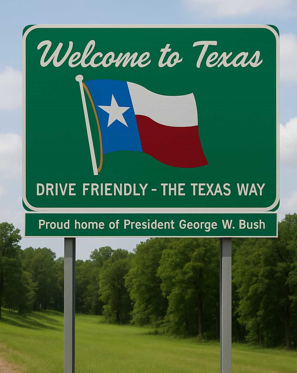 A green sign that says welcome to texas drive friendly the texas way