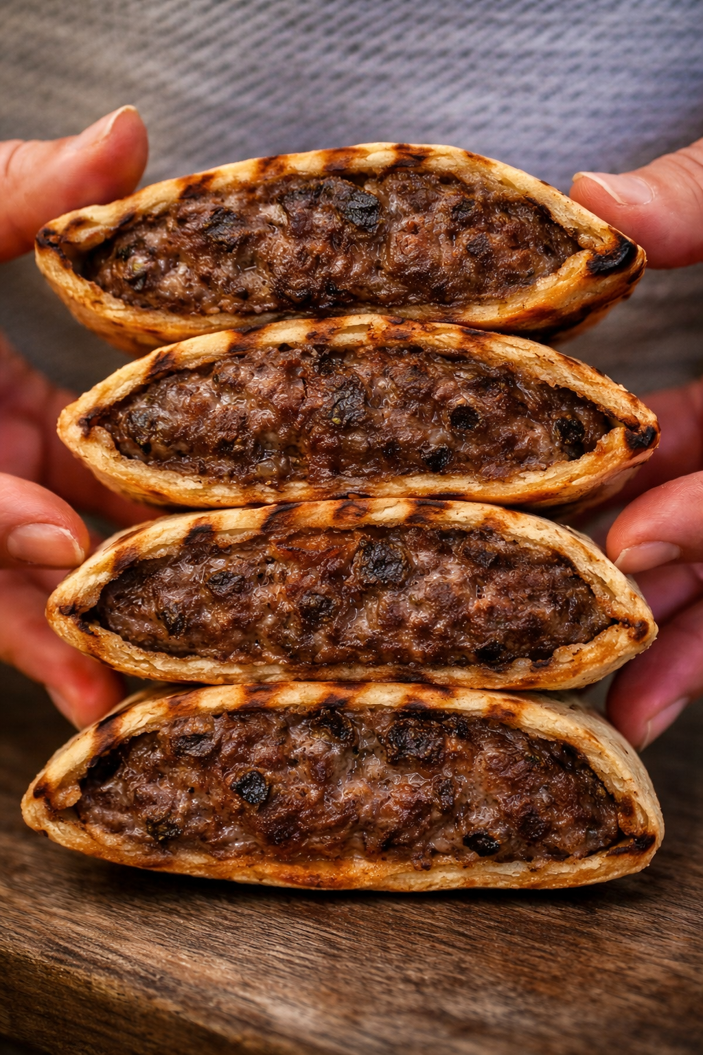 In de handen worden vier open, gegrilde platbroodsandwiches vastgehouden, gevuld met gekruid gehakt.