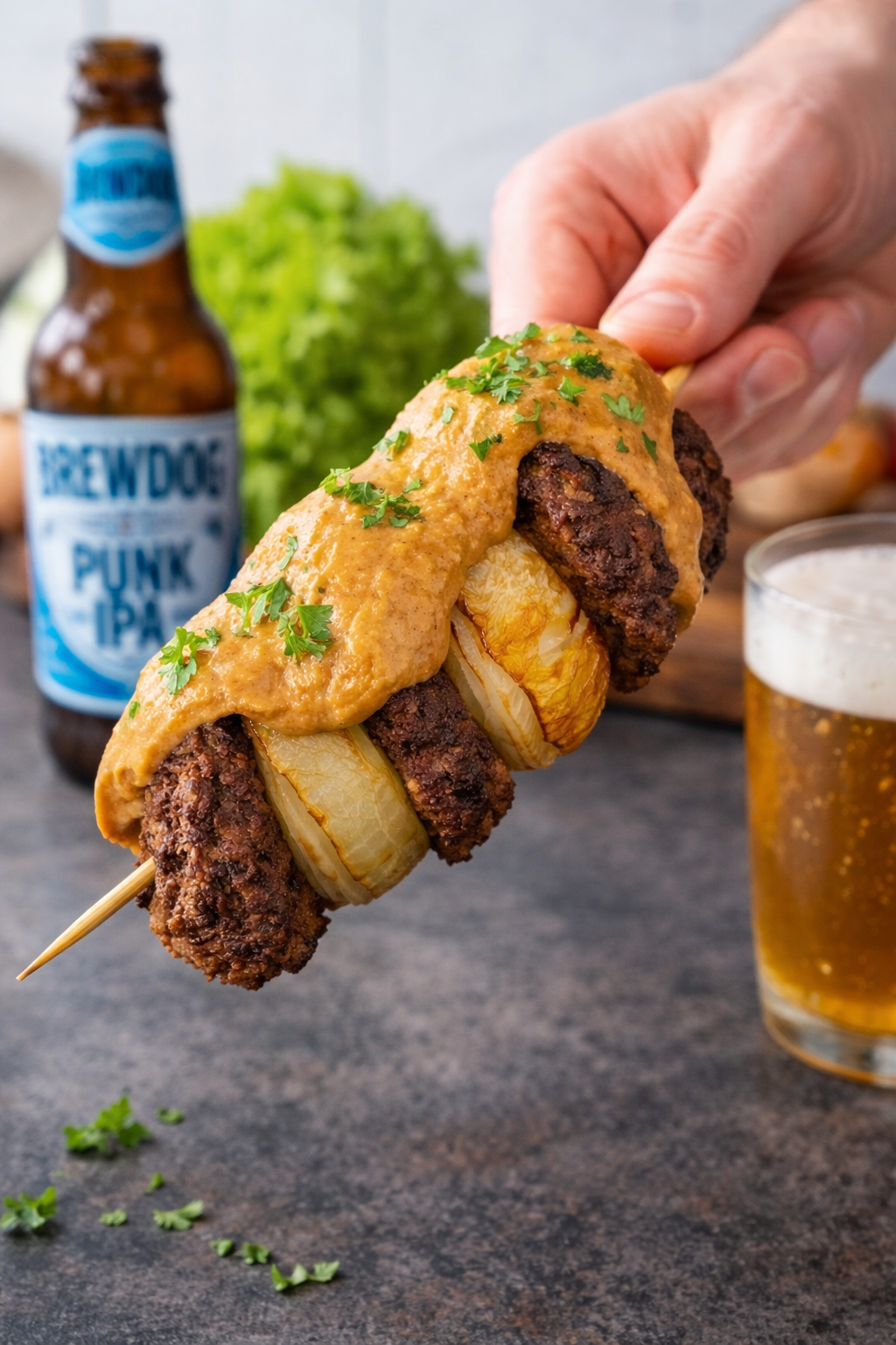 Zelf gemaakte berenhap in een hand met IA bier op de achtergond.