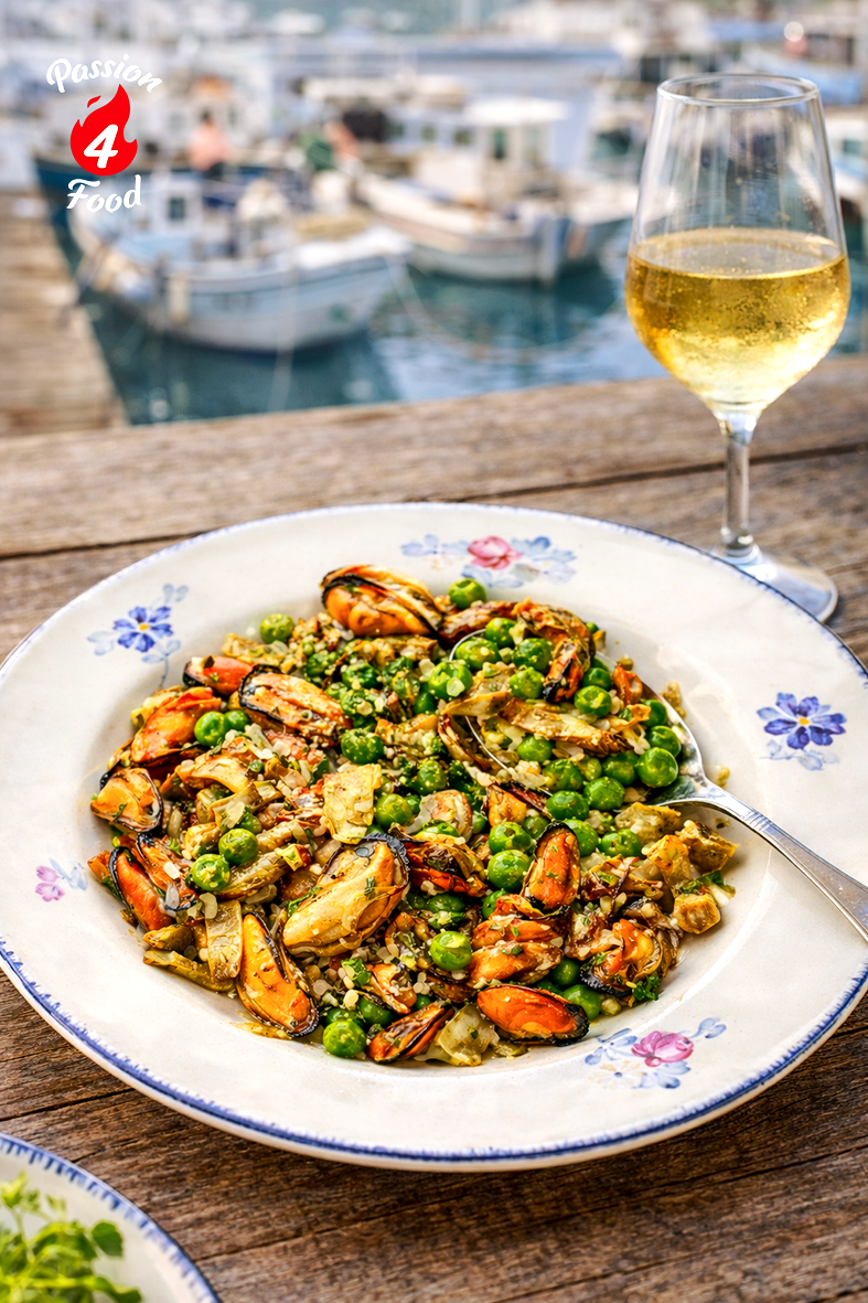 Wit bord met Cozze alla Sarda op een tafel met een glas Vermentino.